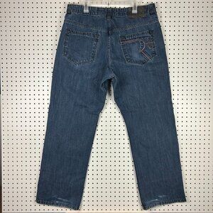 Rocawear‎ Y2K Dark Wash Jeans 38x34 Embroidered Stitched Skater 90s Cyber Punk